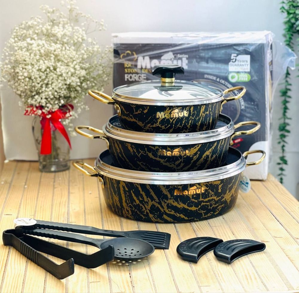 3 ماهتابه ماربل دارای ست کفگیر و ملاقه  دارای 2 دستگیره سیلیکونی  مشکی طوسی کرم  سایز بندی 20 / 24 / 28